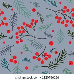 Christmas seamless pattern with rowan berry and fir branches. Forest inspiration. Vector background for wedding, invitations, textile, wrapping paper.