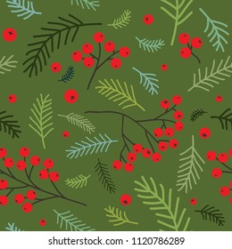 Christmas seamless pattern with rowan berry and fir branches. Forest inspiration. Vector background for wedding, invitations, textile, wrapping paper.