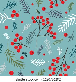 Christmas seamless pattern with rowan berry and fir branches. Forest inspiration. Vector background for wedding, invitations, textile, wrapping paper.