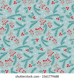 Christmas seamless pattern with rowan berry and fir branches. Forest inspiration. Vector background for wedding, invitations, textile, wrapping paper