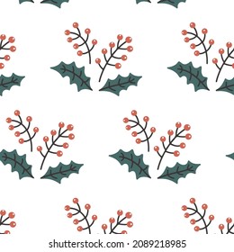 Christmas seamless pattern with rowan berry. Doodle vector background for wedding, invitations, textile, wrapping paper, greeting cards. Hand drawn holly leaves and berries. Scribble New Year decor