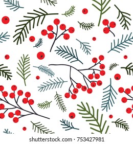 Christmas seamless pattern with rowan berry and fir branches. Vector background for wedding, invitations, textile, wrapping paper