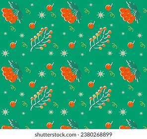 Christmas seamless pattern with rowan on a green background. Vector EPS10