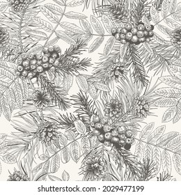 Christmas seamless pattern with rowan, spruce and pine. Botanical background with cones, branches and  berries. Vector floral ornament for wrapping paper, textiles, wallpaper. Black and White. 