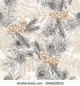 Christmas seamless pattern with rowan, spruce and pine. Botanical floral ornament with cones, branches and  berries. Vector illustration. Engraving style. Black and White and golden background. 