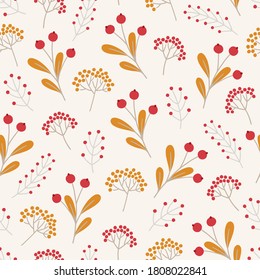 Weihnachtsnahtloses Muster mit Wollbeeren, Blättern, Beeren auf weißem Hintergrund. Perfekt für Geschenkpapier, Tapete, Herbst- und Winterferien, Grußkarten 