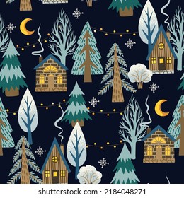 Christmas seamless pattern with rustic houses and trees. Wallpaper print.