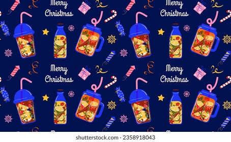 Christmas seamless pattern. Sample with winter drinks, tea with lemon and spices. Vector background in flat style. For printing on wrapping paper, textiles, wallpaper.