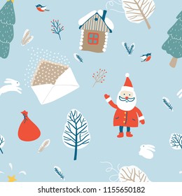 
Navidad sin fisuras con Santa, una bolsa con regalos, un árbol de Navidad y copos de nieve, una casa de madera. Ideal para papeles pintados, papel de envoltura, saludos de invierno. Archivo vectorial