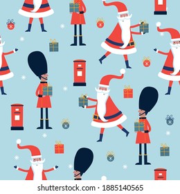 Christmas seamless pattern with Santa, boxes, snowflakes and English guardsmen.Vector illustration. 