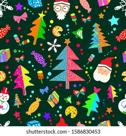 Christmas seamless pattern. Santa, candies, cookies, tree. Also good for bacground and cloth.