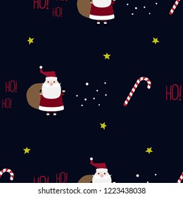 Christmas seamless pattern with Santa, candy cane and yellow stars on dark blue background vector illustration