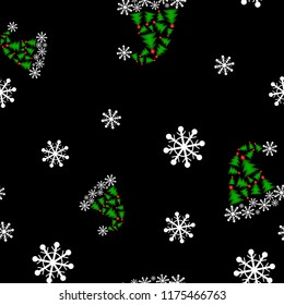 Christmas seamless pattern with Santa caps and snowflakes on black background