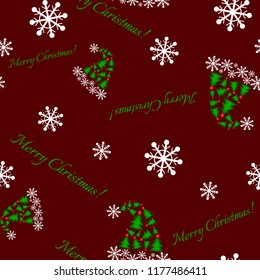 Christmas seamless pattern with Santa caps and snowflakes on burgundy background