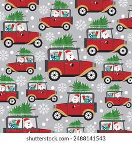 Christmas seamless pattern with santa in the car