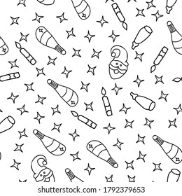 christmas seamless pattern santa, champagne bottles, stars, candles, hand drawn in doodle style
