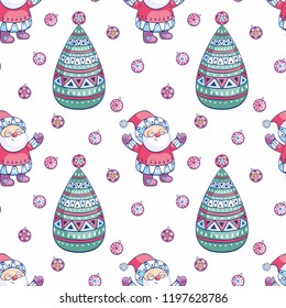 Christmas seamless pattern with Santa Claus and fir tree. Childhood vector background in ethnic style.