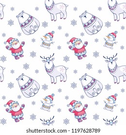 Christmas seamless pattern with Santa Claus, snowman and cute animals. Childhood vector background in ethnic style.
