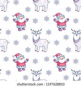 Christmas seamless pattern with Santa Claus cute deer. Childhood vector background in ethnic style.