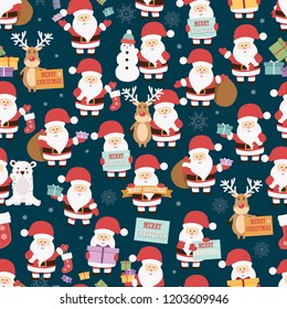 Christmas seamless pattern with santa claus, reindeer, bear and gifts, vector illustration