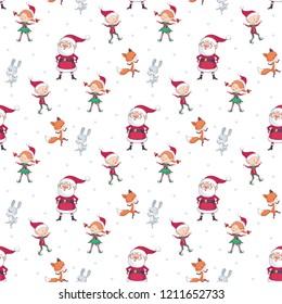 Christmas seamless pattern with Santa Claus, cute animals and elves. Childhood vector background in cartoon style.