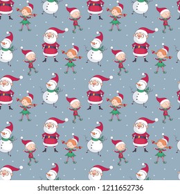 Christmas seamless pattern with Santa Claus, snowman and elves. Childhood vector background in cartoon style.