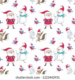 Christmas seamless pattern with Santa Claus, snowman, cute animals and birds. Childhood vector background in cartoon style.
