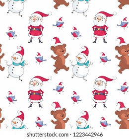 Christmas seamless pattern with Santa Claus, snowman, cute bear and birds. Childhood vector background in cartoon style.