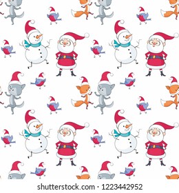 Christmas seamless pattern with Santa Claus, snowman, cute animals and birds. Childhood vector background in cartoon style.