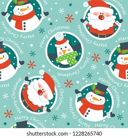 Christmas seamless pattern with Santa Claus, penguin, snowflakes  and snowman. Vector illustration.