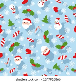 Christmas seamless pattern with Santa Claus, snowman, Christmas tree, snowflakes, Santa Claus hat and sock, candies, holly. Christmas wallpaper, wrapping. Vector illustration