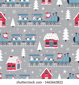 Christmas seamless pattern with Santa Claus, snowman and penguin riding the holiday train.