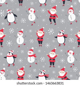 Christmas seamless pattern with Santa Claus, snowman and penguin.