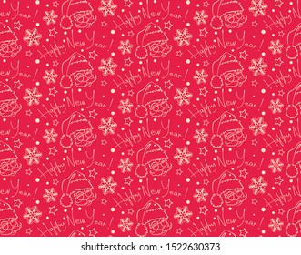 Christmas seamless pattern with Santa Claus, stars, snowflakes. Lettering Happy New Year. Red background. Vector graphic