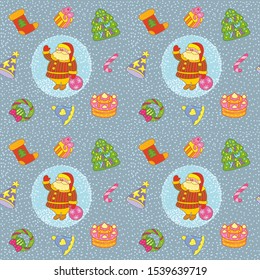 Christmas seamless pattern with Santa Claus, gifts and Christmas trees