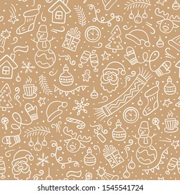 Christmas seamless pattern with Santa Claus, christmas tree, reindeer, snowman, gifts, snowflakes and other. Vector hand drawn illustration in doodle and cartoon style.