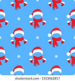 Christmas seamless pattern. Santa Claus hat, mittens and scarf. New Year's decoration