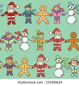 Christmas seamless pattern with Santa Claus, snowman, gingerbread and children holding hands