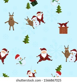 Christmas seamless pattern with Santa Claus, deer, snowman, tres, snowflakes on blue background. Used as a backdrop in scrapbooking, textures, clothing