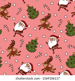 Christmas seamless pattern with Santa Claus, christmas tree, deer, candy cane and snowflakes on the pink background. Stock vector illustration. Stock vector illustration
