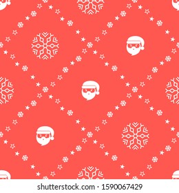Christmas seamless pattern with Santa Claus on red background. Vector illustration. New Year background. For web design, wrapping paper, scrapbooking, for printing on textile, bags, crockery, package.