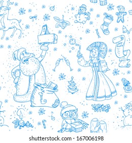 Christmas seamless pattern with Santa Claus doodle