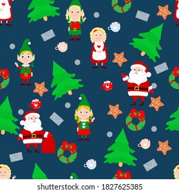 Christmas seamless pattern Santa Claus and Mrs Santa Claus, funny elves in green costumes, letter, Christmas trees, gingerbread on a dark blue background.