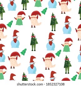 Christmas seamless pattern with santa claus, snowman and christmas tree, vector illustration for new year printable