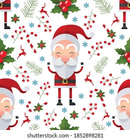 Christmas Seamless Pattern with Santa Claus, deer, snowman and gift, Flat design background vector.