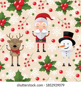 Christmas Seamless Pattern with Santa Claus, deer, snowman and gift, Flat design background vector.
