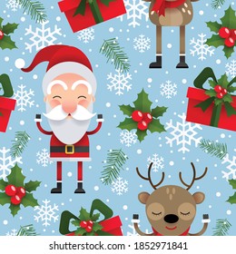 Patrón de Navidad sin foco con Santa Claus, ciervo, muñeco de nieve y regalo, Vector de fondo de diseño plano.