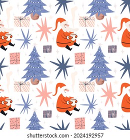 Navidad sin fisuras con Santa Claus. Patrón festivo brillante con un árbol de Navidad y regalos. Ilustración de material vectorial sobre fondo blanco.