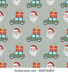 Christmas seamless pattern, with Santa Claus and green car with a gift on the roof. Christmas and New Year concept. The illustration is great for wrapping paper and packaging.