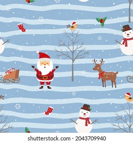 Weihnachtsnahtloses Muster mit dem Weihnachtsmann, glücklich auf Winternachtshintergrund, Vektorgrafik